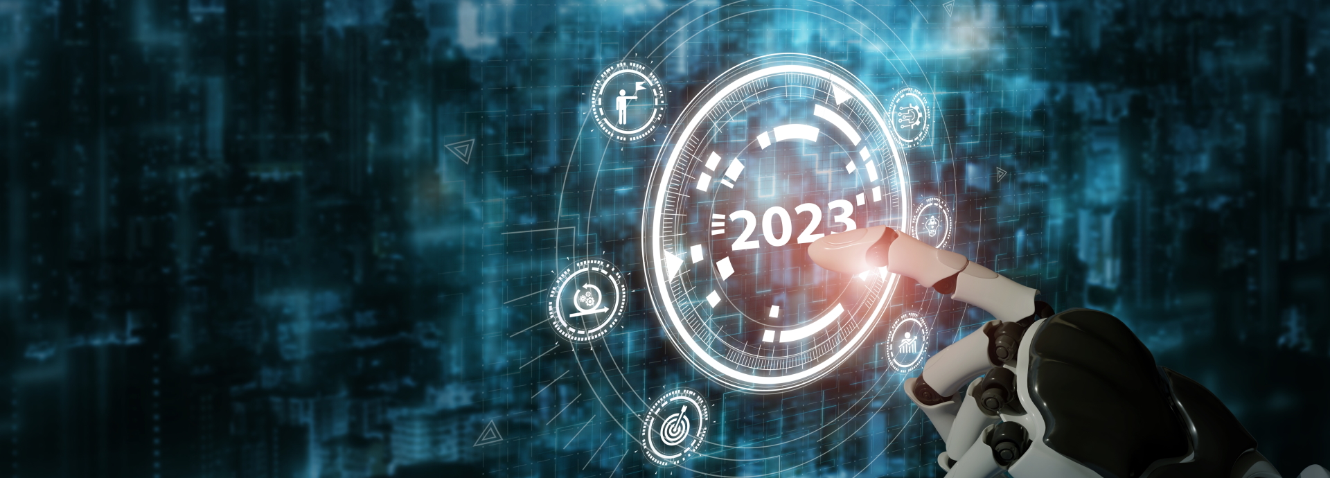 Robot finger pointing to a digital 2023 wheel