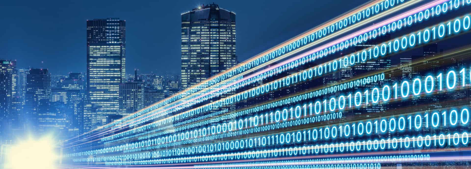 Code rows running as a data stream through a city